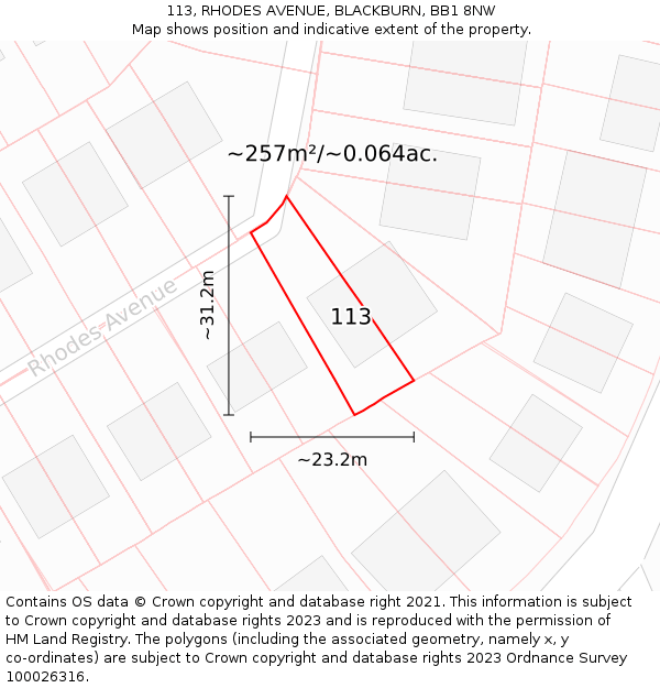 113, RHODES AVENUE, BLACKBURN, BB1 8NW: Plot and title map