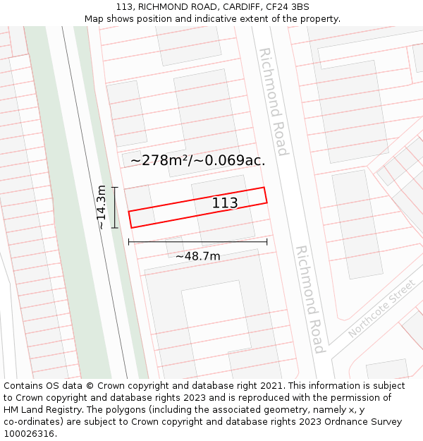 113, RICHMOND ROAD, CARDIFF, CF24 3BS: Plot and title map
