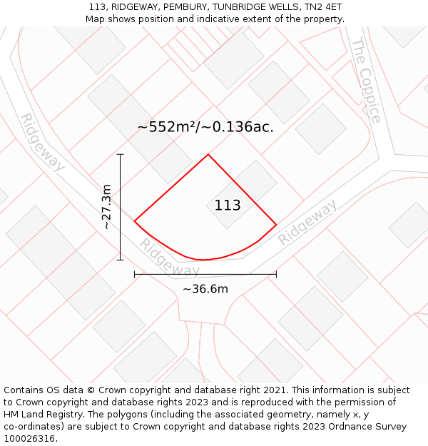 113, RIDGEWAY, PEMBURY, TUNBRIDGE WELLS, TN2 4ET: Plot and title map
