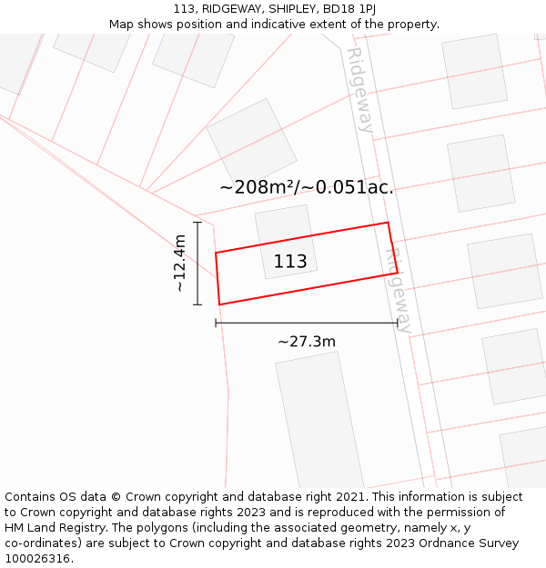 113, RIDGEWAY, SHIPLEY, BD18 1PJ: Plot and title map