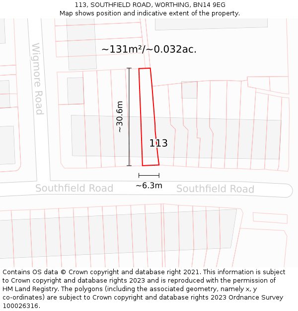 113, SOUTHFIELD ROAD, WORTHING, BN14 9EG: Plot and title map