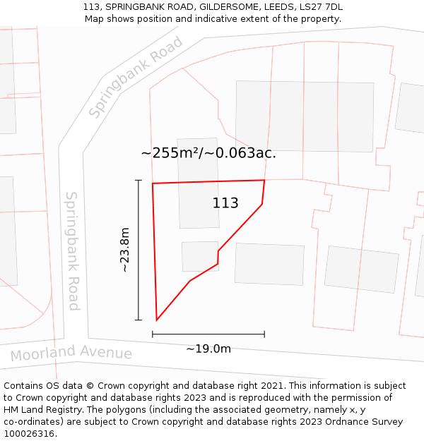 113, SPRINGBANK ROAD, GILDERSOME, LEEDS, LS27 7DL: Plot and title map