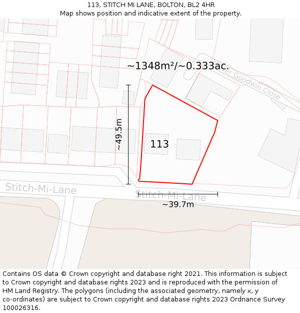 113, STITCH MI LANE, BOLTON, BL2 4HR: Plot and title map