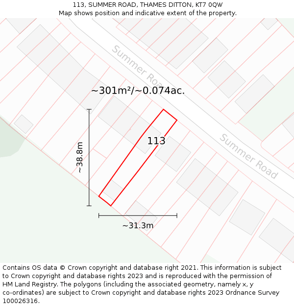113, SUMMER ROAD, THAMES DITTON, KT7 0QW: Plot and title map