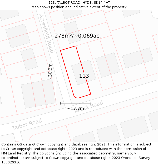 113, TALBOT ROAD, HYDE, SK14 4HT: Plot and title map