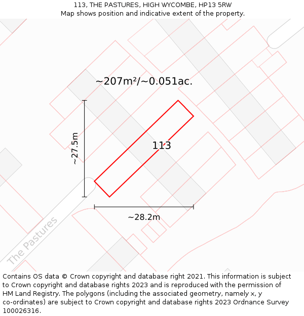 113, THE PASTURES, HIGH WYCOMBE, HP13 5RW: Plot and title map