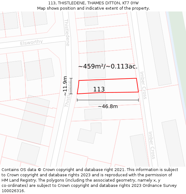 113, THISTLEDENE, THAMES DITTON, KT7 0YW: Plot and title map