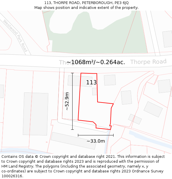113, THORPE ROAD, PETERBOROUGH, PE3 6JQ: Plot and title map