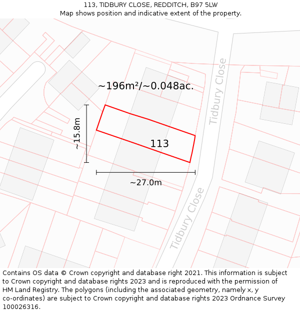 113, TIDBURY CLOSE, REDDITCH, B97 5LW: Plot and title map
