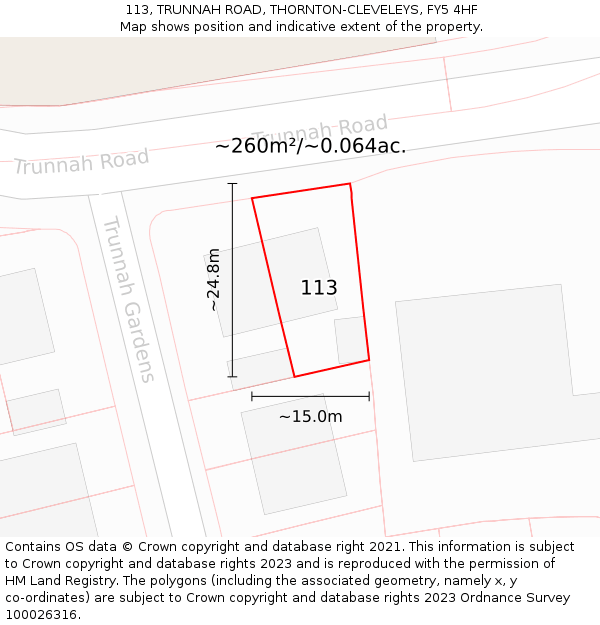 113, TRUNNAH ROAD, THORNTON-CLEVELEYS, FY5 4HF: Plot and title map