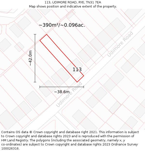 113, UDIMORE ROAD, RYE, TN31 7EA: Plot and title map