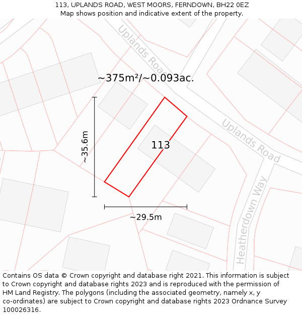 113, UPLANDS ROAD, WEST MOORS, FERNDOWN, BH22 0EZ: Plot and title map