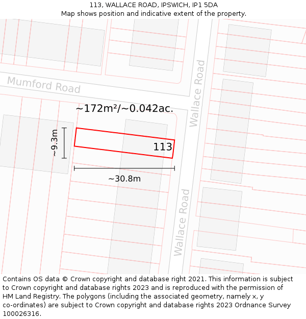113, WALLACE ROAD, IPSWICH, IP1 5DA: Plot and title map