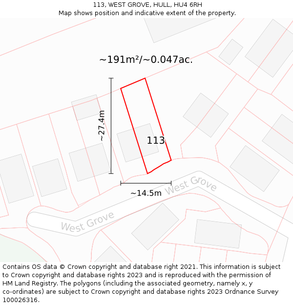 113, WEST GROVE, HULL, HU4 6RH: Plot and title map