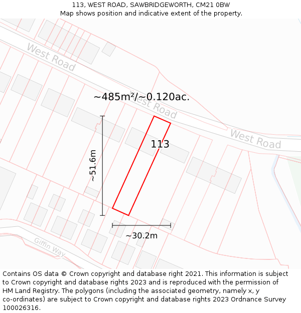 113, WEST ROAD, SAWBRIDGEWORTH, CM21 0BW: Plot and title map