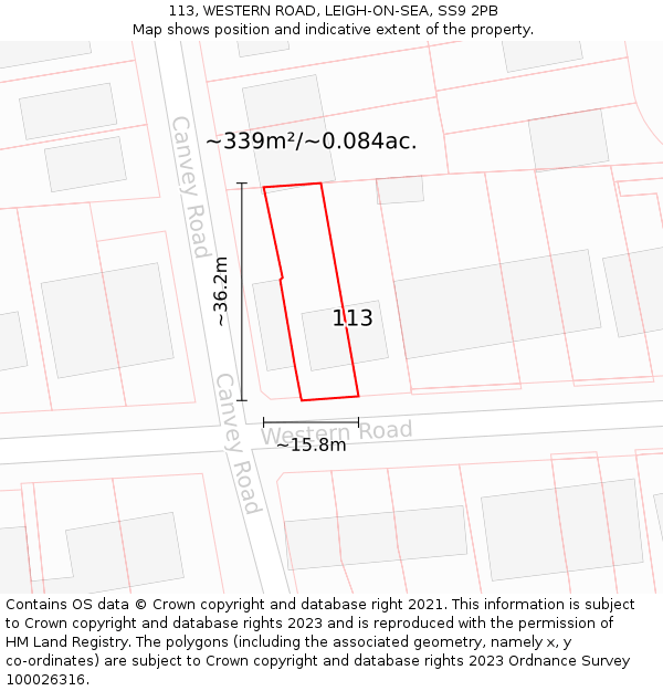113, WESTERN ROAD, LEIGH-ON-SEA, SS9 2PB: Plot and title map
