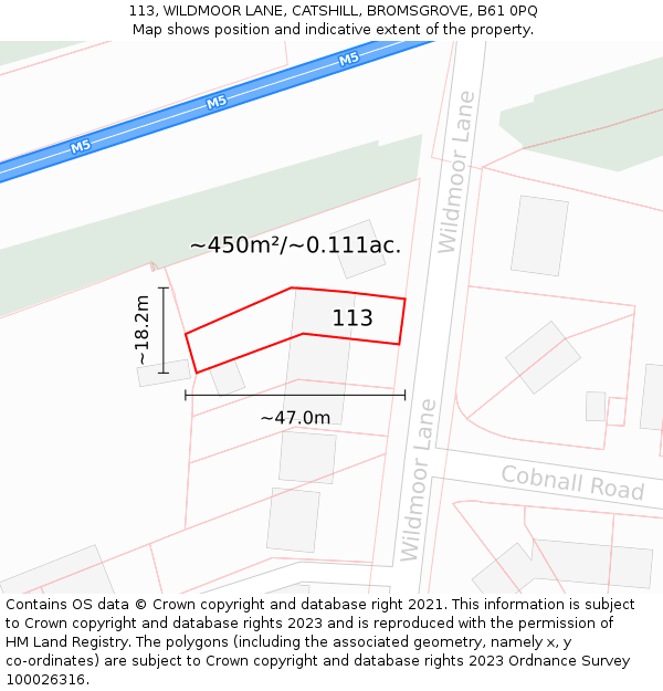 113, WILDMOOR LANE, CATSHILL, BROMSGROVE, B61 0PQ: Plot and title map