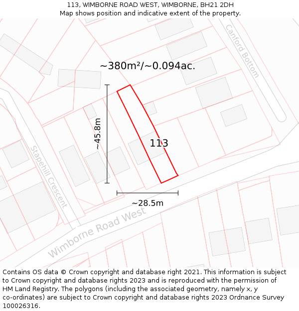 113, WIMBORNE ROAD WEST, WIMBORNE, BH21 2DH: Plot and title map