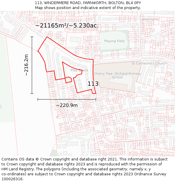 113, WINDERMERE ROAD, FARNWORTH, BOLTON, BL4 0PY: Plot and title map