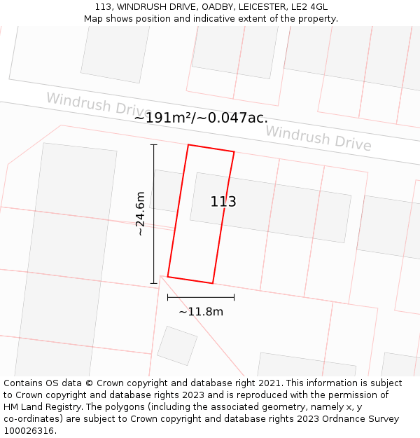 113, WINDRUSH DRIVE, OADBY, LEICESTER, LE2 4GL: Plot and title map