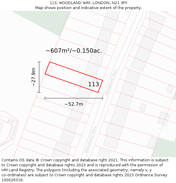 113, WOODLAND WAY, LONDON, N21 3PY: Plot and title map