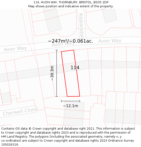 114, AVON WAY, THORNBURY, BRISTOL, BS35 2DP: Plot and title map