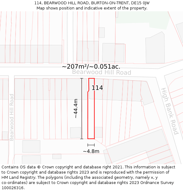 114, BEARWOOD HILL ROAD, BURTON-ON-TRENT, DE15 0JW: Plot and title map