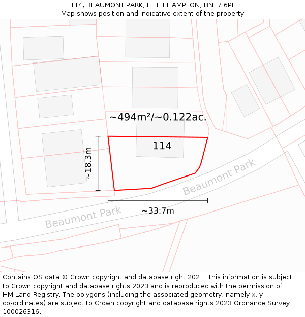 114, BEAUMONT PARK, LITTLEHAMPTON, BN17 6PH: Plot and title map
