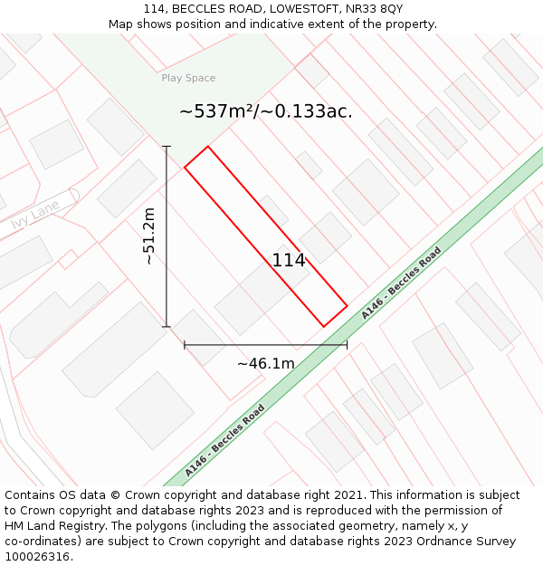 114, BECCLES ROAD, LOWESTOFT, NR33 8QY: Plot and title map