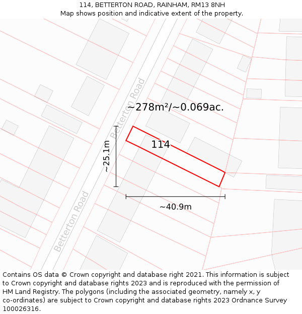 114, BETTERTON ROAD, RAINHAM, RM13 8NH: Plot and title map