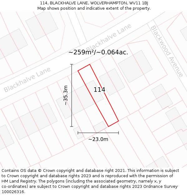 114, BLACKHALVE LANE, WOLVERHAMPTON, WV11 1BJ: Plot and title map