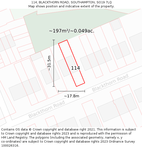 114, BLACKTHORN ROAD, SOUTHAMPTON, SO19 7LQ: Plot and title map