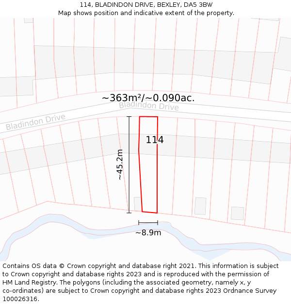 114, BLADINDON DRIVE, BEXLEY, DA5 3BW: Plot and title map