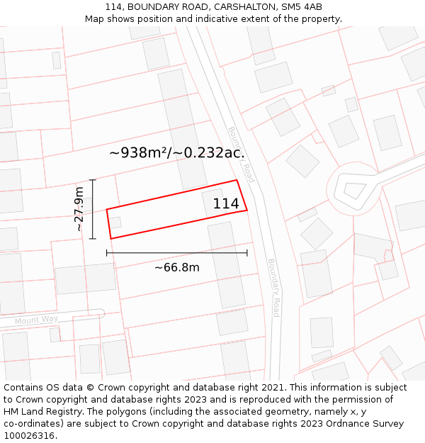 114, BOUNDARY ROAD, CARSHALTON, SM5 4AB: Plot and title map