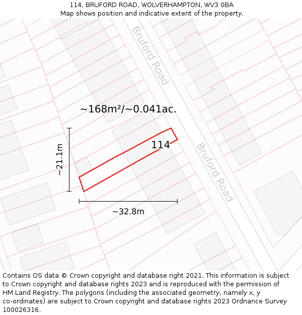 114, BRUFORD ROAD, WOLVERHAMPTON, WV3 0BA: Plot and title map