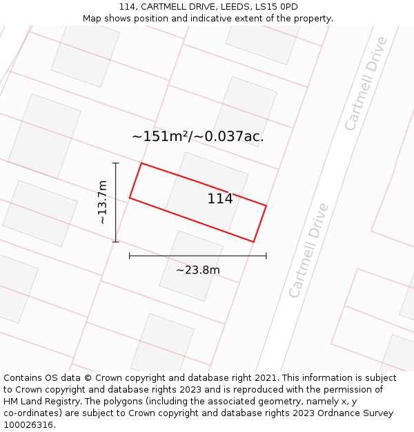 114, CARTMELL DRIVE, LEEDS, LS15 0PD: Plot and title map