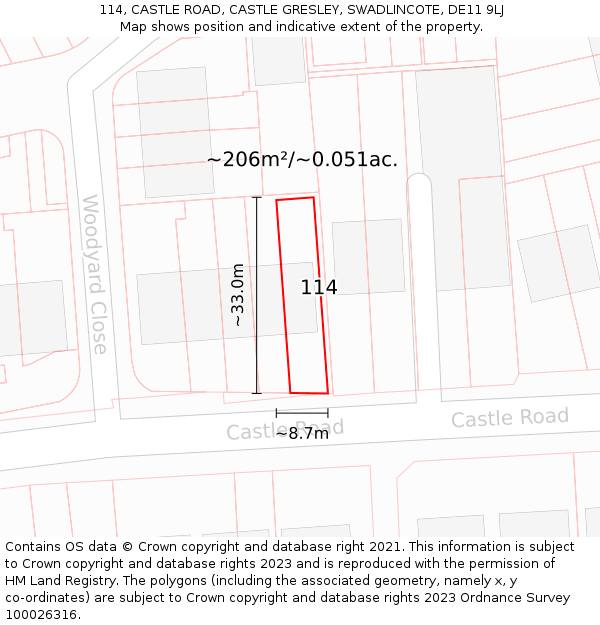 114, CASTLE ROAD, CASTLE GRESLEY, SWADLINCOTE, DE11 9LJ: Plot and title map