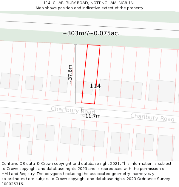 114, CHARLBURY ROAD, NOTTINGHAM, NG8 1NH: Plot and title map