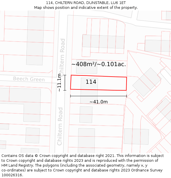114, CHILTERN ROAD, DUNSTABLE, LU6 1ET: Plot and title map
