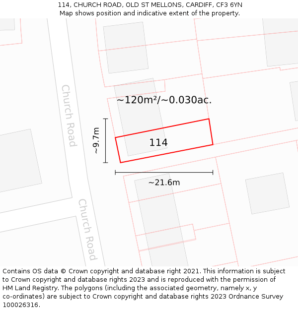 114, CHURCH ROAD, OLD ST MELLONS, CARDIFF, CF3 6YN: Plot and title map