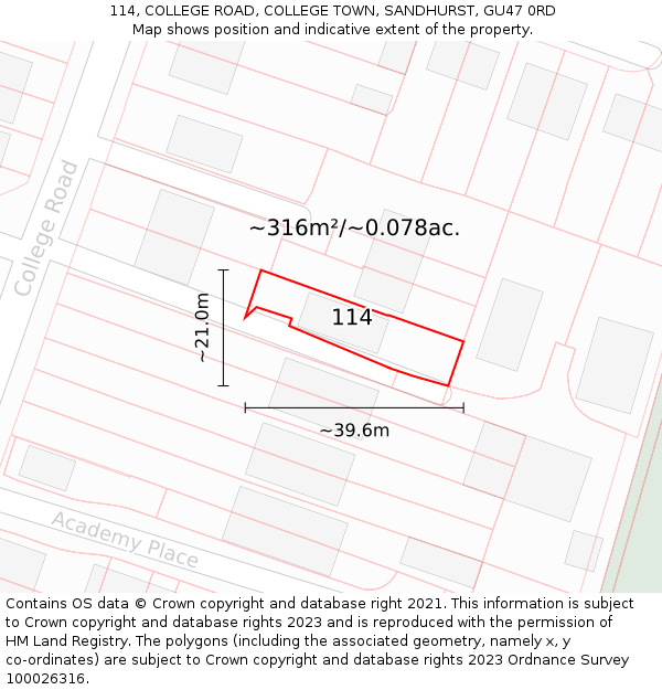 114, COLLEGE ROAD, COLLEGE TOWN, SANDHURST, GU47 0RD: Plot and title map