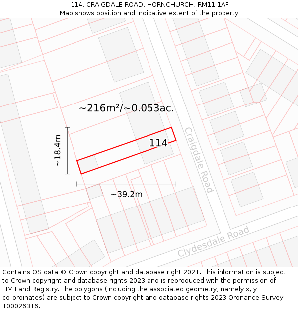 114, CRAIGDALE ROAD, HORNCHURCH, RM11 1AF: Plot and title map