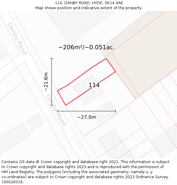 114, DANBY ROAD, HYDE, SK14 4AE: Plot and title map