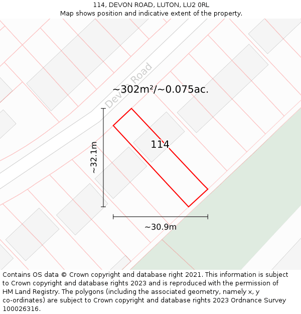 114, DEVON ROAD, LUTON, LU2 0RL: Plot and title map