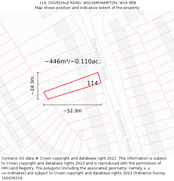 114, DOVEDALE ROAD, WOLVERHAMPTON, WV4 6RB: Plot and title map