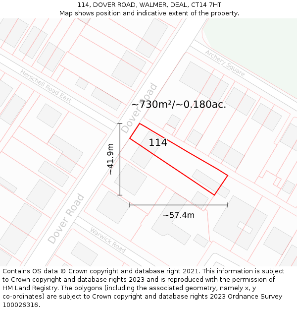 114, DOVER ROAD, WALMER, DEAL, CT14 7HT: Plot and title map