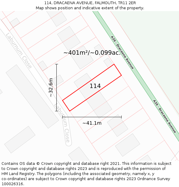 114, DRACAENA AVENUE, FALMOUTH, TR11 2ER: Plot and title map