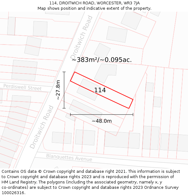 114, DROITWICH ROAD, WORCESTER, WR3 7JA: Plot and title map