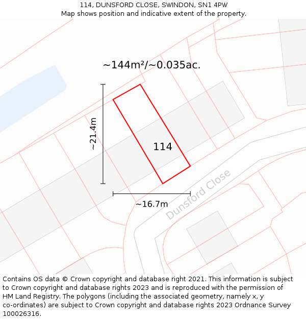 114, DUNSFORD CLOSE, SWINDON, SN1 4PW: Plot and title map