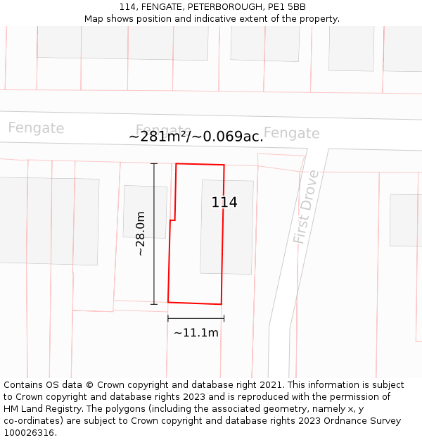114, FENGATE, PETERBOROUGH, PE1 5BB: Plot and title map